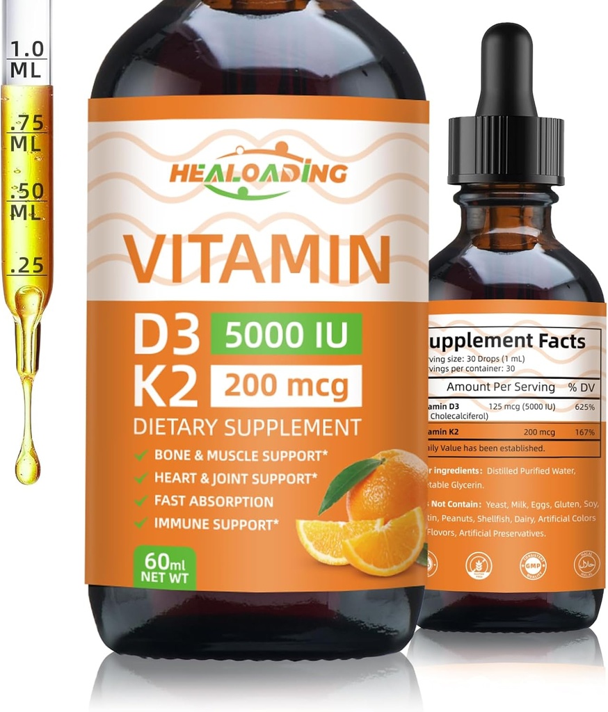 Vitamine biologique D3 + K2 gouttes: 5000 UI à base végétale D3 & 200mcg K2 Suppléments liquides.