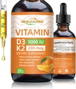 Vitamine biologique D3 + K2 gouttes: 5000 UI à base végétale D3 & 200mcg K2 Suppléments liquides.