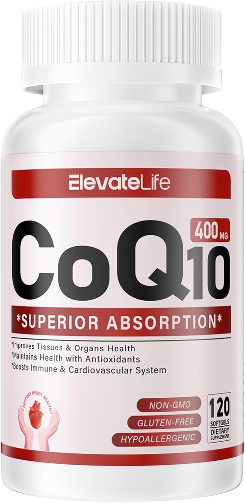 CoQ10-400mg-Softgels avec PQQ, BioPerine et Omega-3, Coenzyme Q10(Ubiquinone) Supplément pour haute absorption, puissant antioxydant, support coeur et production d'énergie, 120 portions