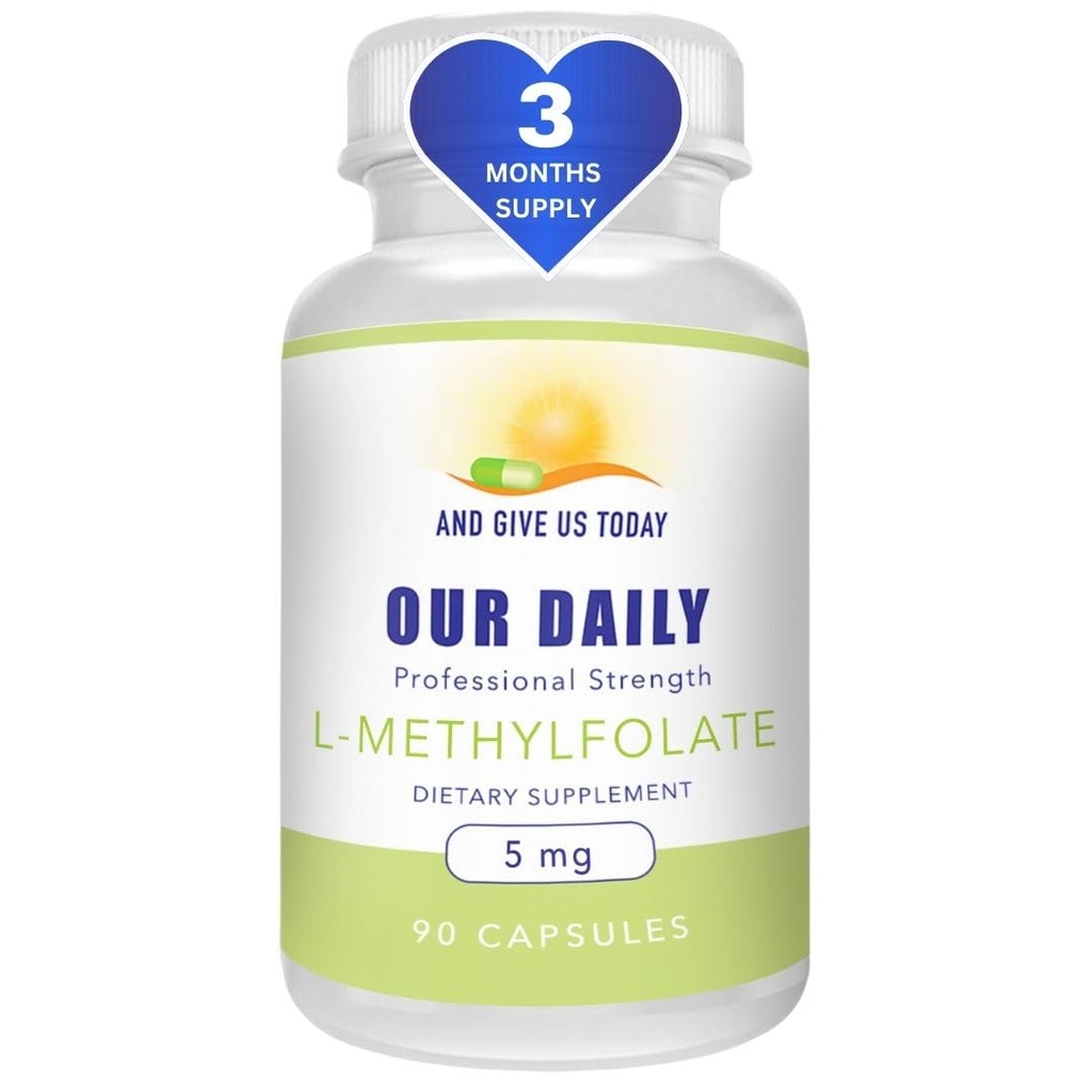 Nos Vites quotidiens L-méthylfolate 5 mg / 5000 mcg Résistance maximale Folate actif, 5-MTHF, Sans remplissage, Sans gluten, sans OGM, Capsules végétariennes 90 Nombre (3 mois d'approvisionnement)