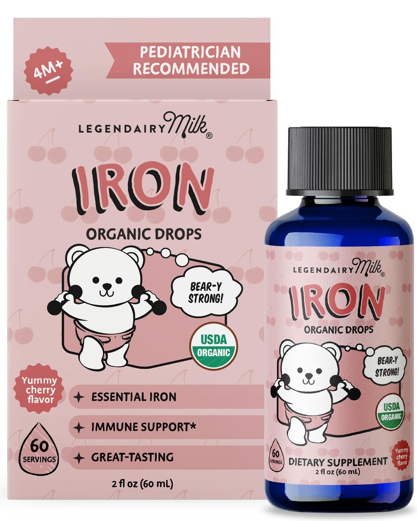Lait de légende suppléments de fer liquide biologique pour les enfants - sans sucre de fer liquide pour les enfants - pour les 4 mois à 3 ans - Saveur de cerise, 60 portions