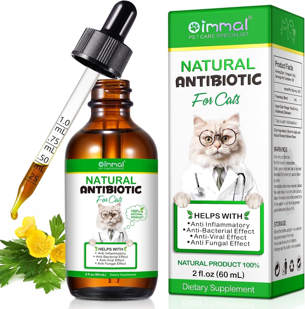 Antibiotiques pour chats, suppléments naturels antibiotiques pour chats, suppléments pour animaux de compagnie, antibiotiques pour chats soutient le soulagement de l'allergie immunitaire et des chats, multivitamine chat - 2 Fl Oz / 60ML
