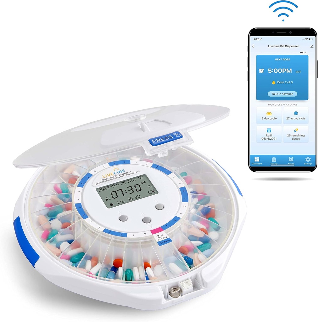 Live Fine Smart WiFi Distributeur automatique de pilules L'organisateur de 28 jours de médicaments jusqu'à 9 doses par jour pour la surveillance des soins avec clé de verrouillage, alarmes lumineuses/sondes pour les prescriptions et les vitamines