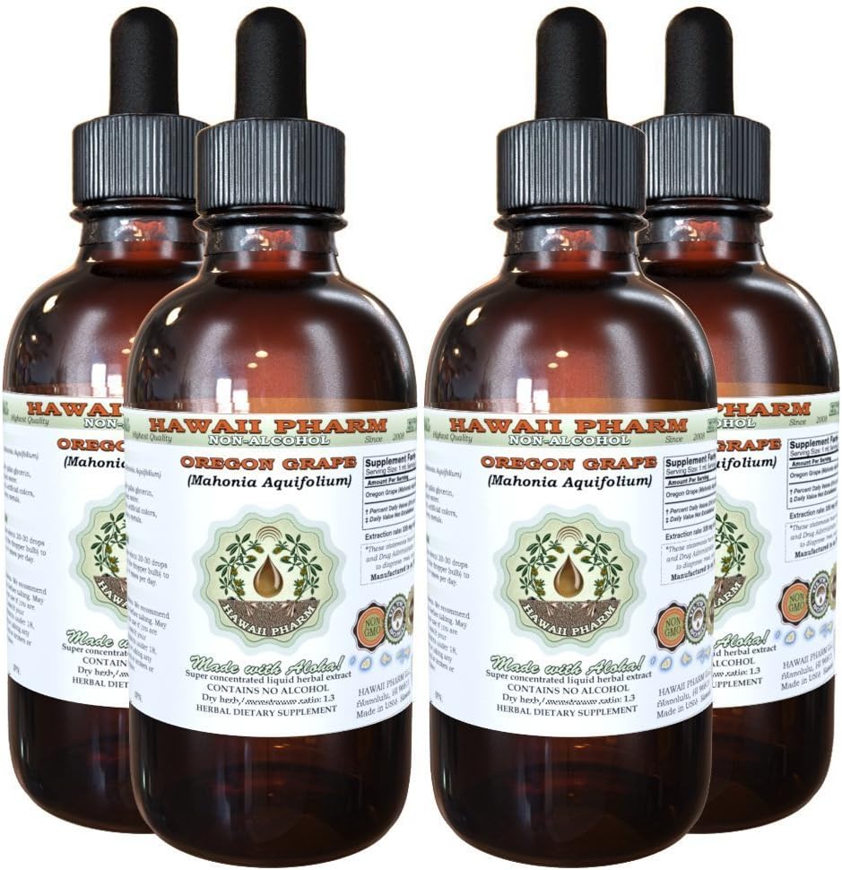 Hawaii Pharm Oregon Extrait liquide sans alcool de raisin, Oregon Raisin (Mahonia aquifolium) Racine séchée Glycérite supplément naturel à base de plantes, États-Unis 4x4 fl.oz