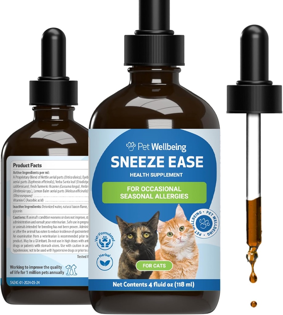Éternuement de bien-être des animaux pour les chats - Éternuement occasionnel, allergies saisonnières, inconfort du nez et des yeux, éternuement des yeux et des nerfs - supplément à base de plantes vétérinaires de 118 ml