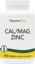 NaturesPlus Cal/Mag/Zinc - 1 000 mg Calcium, 500 mg Magnésium, 75 mg Zinc - 180 comprimés végétariens - Supplément multi-minéraux, soutient la santé osseuse, cardiaque et immunitaire - Sans gluten - 45 portions
