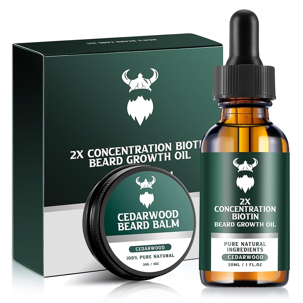 Kit de croissance de la barbe - Biotine de concentration 2X pour les hommes, l'argan naturel, les huiles de jojoba et les vitamines (Cedarwood)