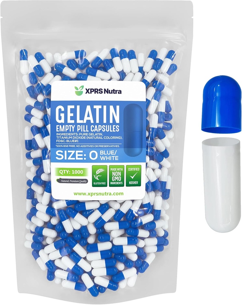 XPRS Nutra Taille 0 Capsules vides - 1000 Compte Capsules de gélatine vides - Pills Bricolage Capsule Remplissage - Pure Pilule de gel pour Do-It-Youlf Suppléments (Blue/White)