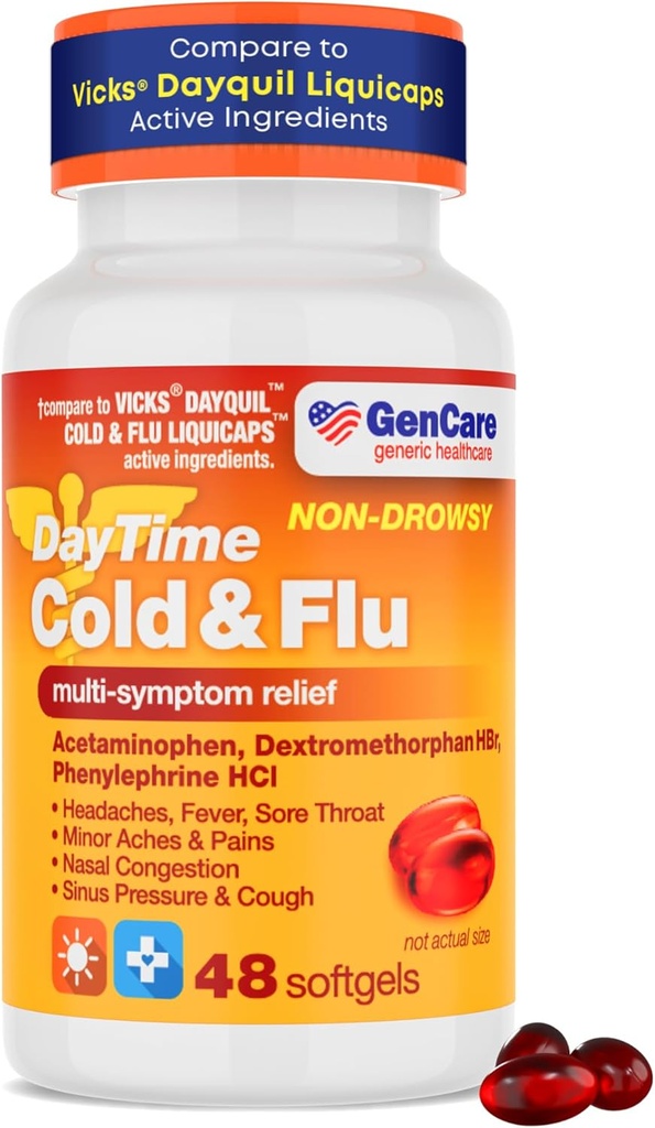 GenCare - Multi-symptômes non somnolents jour après jour Cold & Flu Relief Acétaminophène 325mg, Dextrométhorphane HBr 10mg, Phénylephrine HCl 5mg (48 Softgels) Non Habiting Forming Pain Reliever & Nasal Defongestant