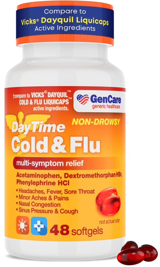 GenCare - Multi-symptômes non somnolents jour après jour Cold & Flu Relief Acétaminophène 325mg, Dextrométhorphane HBr 10mg, Phénylephrine HCl 5mg (48 Softgels) Non Habiting Forming Pain Reliever & Nasal Defongestant