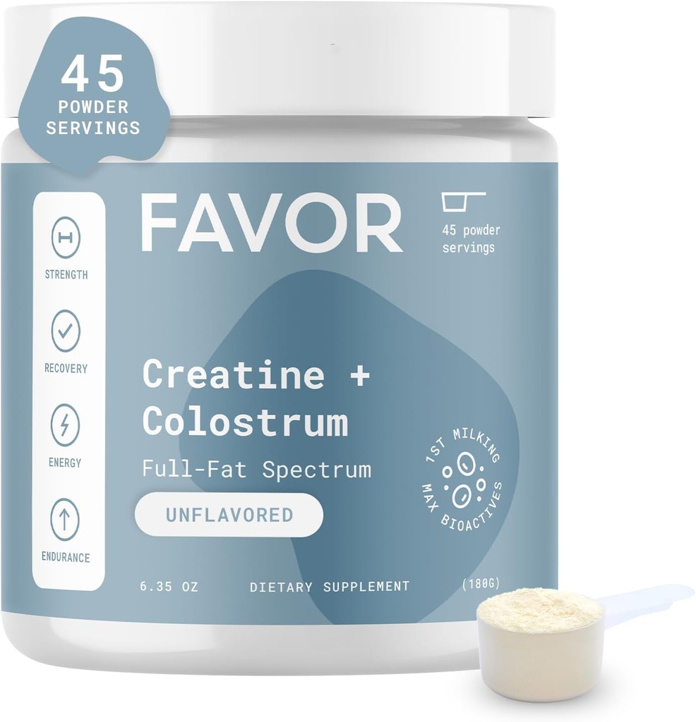 Poudre de créatine et de colostrum bovin - supplément de colostrum monohydraté de la vache créatine, IgG d'immunoglobuline élevée, force, rétablissement musculaire et santé des femmes et des hommes, 45 portions, non aromatisées