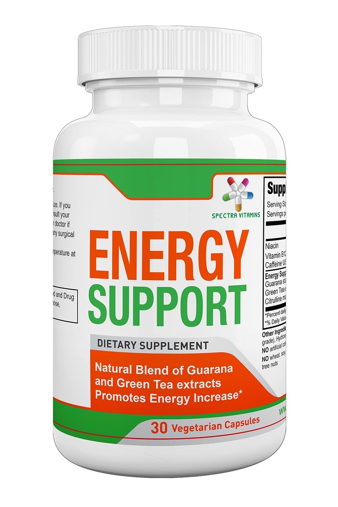 Spectra Vitamines Natural Energy Support 30 Capsules - Guarana Capsules - Vitamine B12 - Guarana et Extraits de Thé Vert - Suppléments d'énergie Citrulline avec Booster d'énergie naturelle