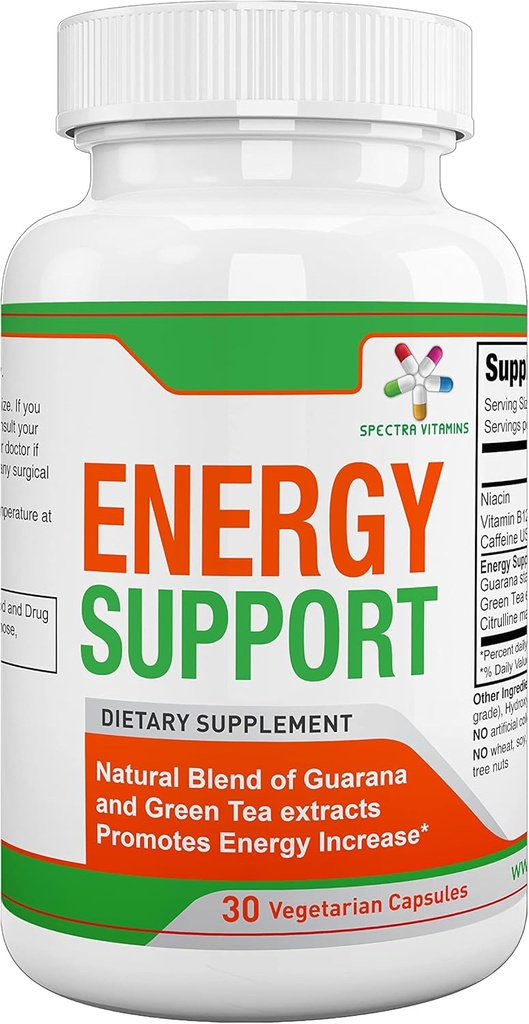 Spectra Vitamins Natural Energy Support 30 Capsules - Guarana Capsules - Vitamin B12 - Guarana and Green Tea Extracts - Citrulline Energy Supplements with Natural Energy Booster