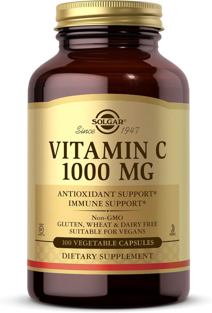Solgar Vitamine C 1000 mg, 100 capsules végétales - Antioxydants et immunosupport - Santé globale - Peau et articulations saines - Supplément Bioflavonoïdes - Non-OGM, Vegan, Sans gluten, Casher - 100 portions