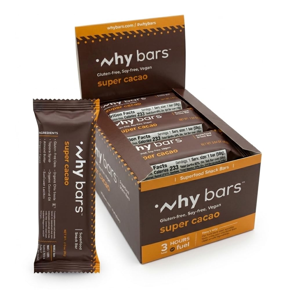 Barres protéinées, Super Cacao, 2.04 Barres d'once (paquet de 12 barres protéinées) - Superaliment de la barre protéinée, sans gluten, sans OGM, biologique, végétalien, ingrédients simples