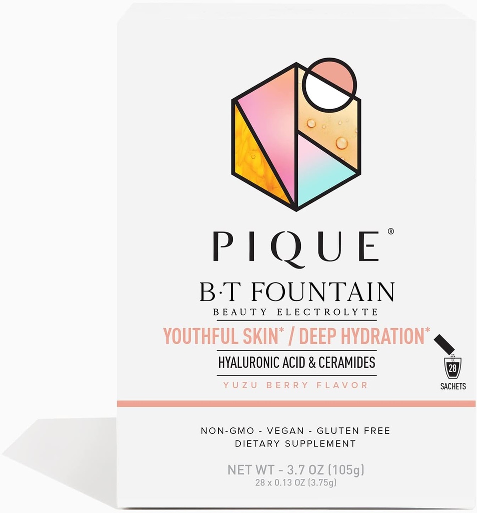 PIQUE BT Fontaine Beauté Poudre d'électrolyte - Paquets en poudre d'hydratation avec acide hyaluronique, Céramides, Magnésium pour peau hydratée et élastique - Pas de sucre ajouté - 28 bâtonnets à portion unique (paquet de 1)