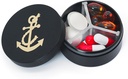 Small Pill Case 3 Compartments, Metal Round Portable Pill Box, Waterproof Travel Pill Organizer, Pocket Purse Medicine Vitamin Holder EDC Container (Black with Anchor)