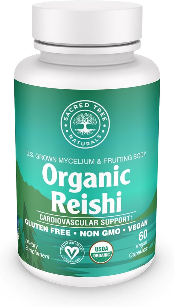 Capsules organiques de champignons Reishi - 1000mg Potence - Soulagement du stress, santé cardiaque et immunité - Non-OGM, Vegan, 60 Nombre (30 portions)