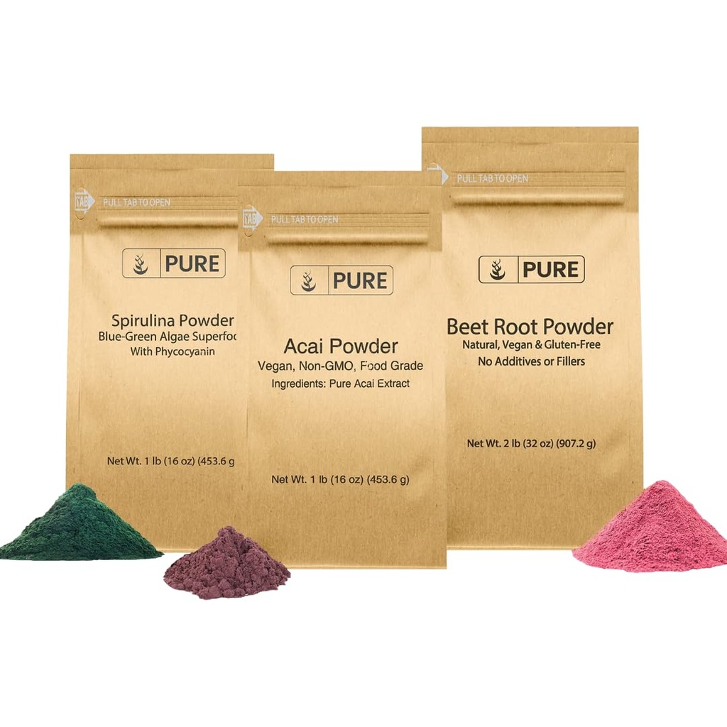 INGRÉDIENTS ORIGINAL DE PURE Racine de betterave, Spiruline et poudre d'açai, tailles diverses, non OGM, suppléments à base de plantes