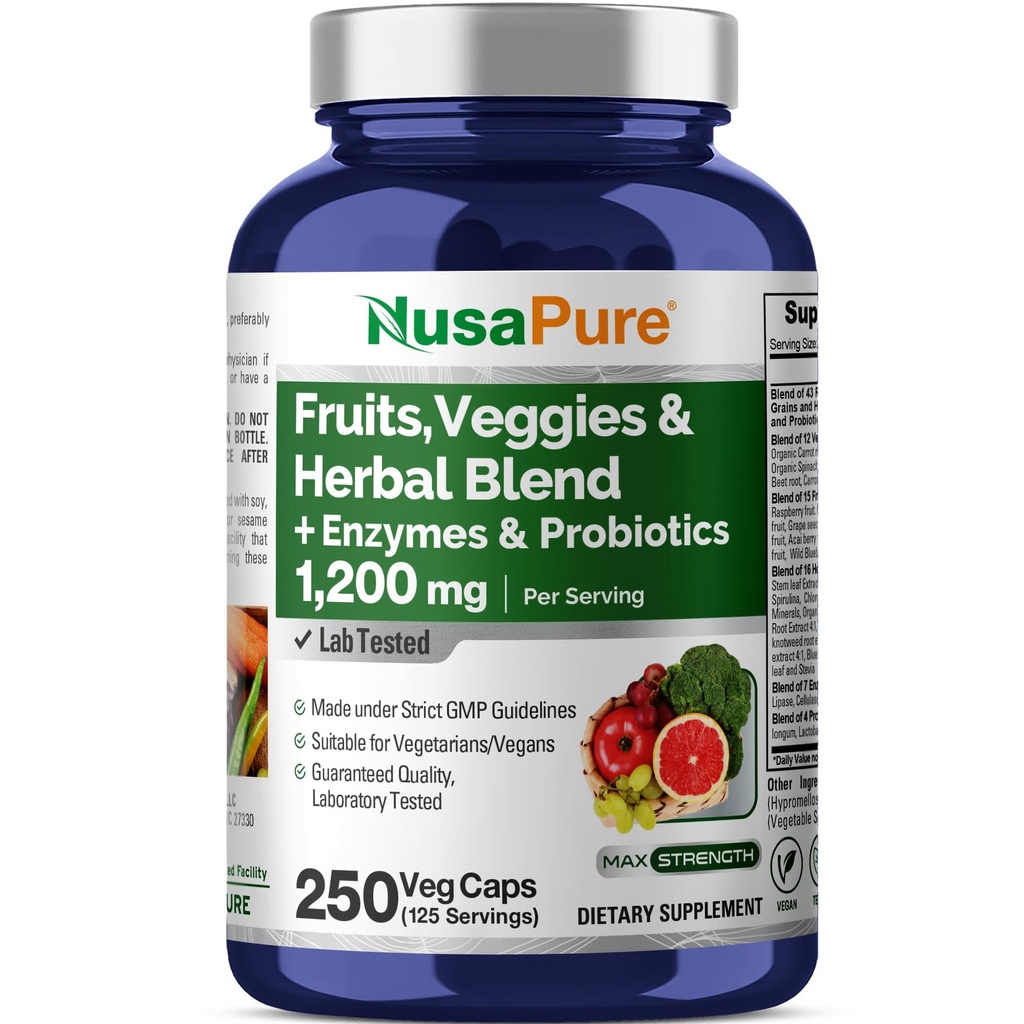 NusaPure 43 Mélange de fruits et légumes à base de plantes, 11 enzymes et probiotiques, 1200 mg, 250 capsules de légumes (non OGM, végétalien)