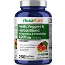 NusaPure 43 Mélange de fruits et légumes à base de plantes, 11 enzymes et probiotiques, 1200 mg, 250 capsules de légumes (non OGM, végétalien)