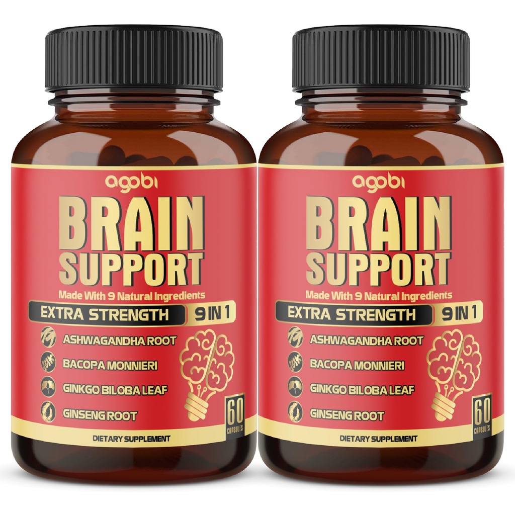 agobi 9in1 Supplément de soutien au cerveau - 2 packs 60 comtes Blended Ashwagandha, Panax Ginseng, Gotu Kola, Ginkgo, Black Pepper & More - Soutien à l'exactitude, la concentration, la mémoire et la production d'énergie