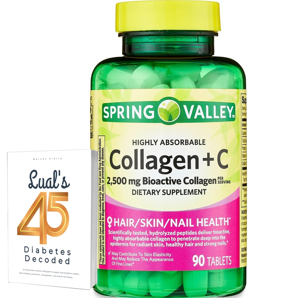 Collagène de Spring Valley + Comprimés C pour la santé des cheveux, de la peau et du voile, 2 500 mg, 90 Compte, très absorbant, Collagène plus mélange de vitamine C avec 45 diabétiques décodés de Luall