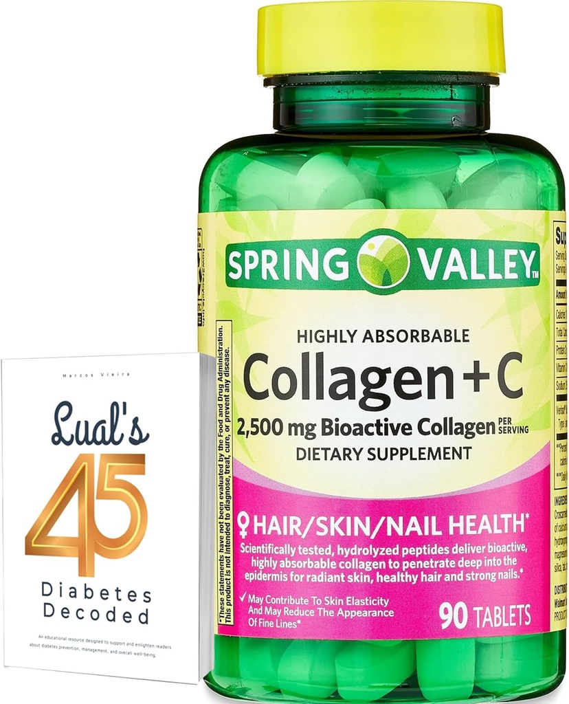 Collagène de Spring Valley + Comprimés C pour la santé des cheveux, de la peau et du voile, 2 500 mg, 90 Compte, très absorbant, Collagène plus mélange de vitamine C avec 45 diabétiques décodés de Luall
