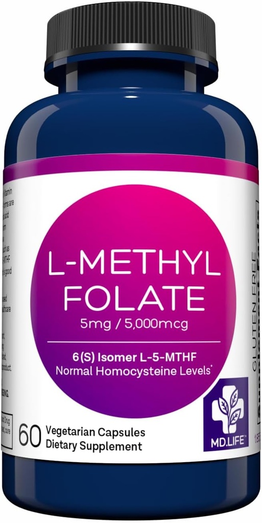 MD Life L-méthylfolate 5 mg Supplément - Supplément de méthylfolate actif de catégorie professionnelle - 60 capsules - L-méthylfolate 5 mg - Potence maximale MTHFR W/acides aminés essentiels