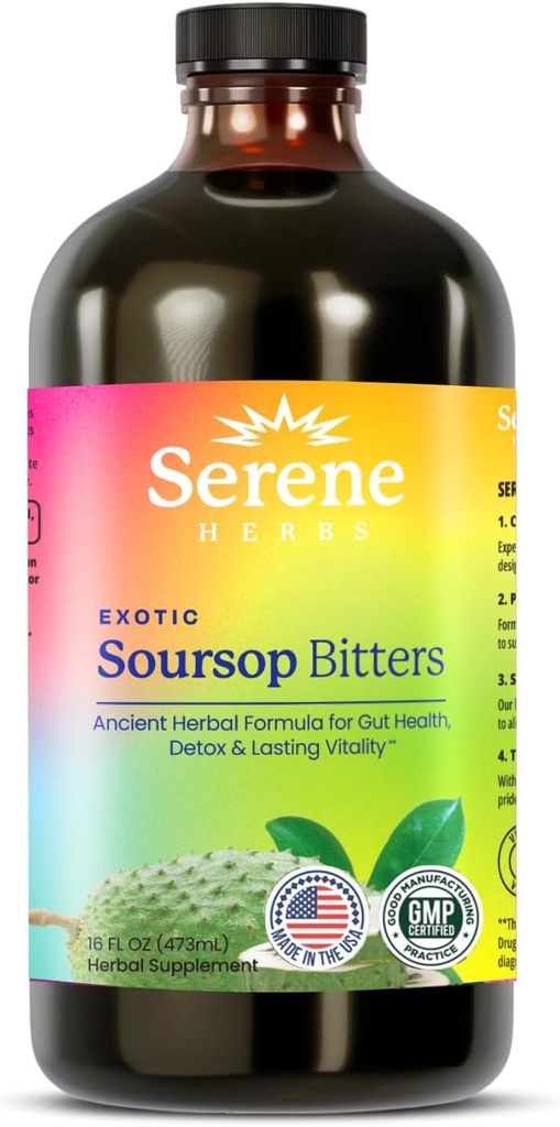 Serene Herbs - Soursop Bitters Liquid - Detox de Guanabana biologique aux graines noires, Moringa & Ginger - Soutient le bien-être digestif et la fonction immunitaire - 16 fl oz