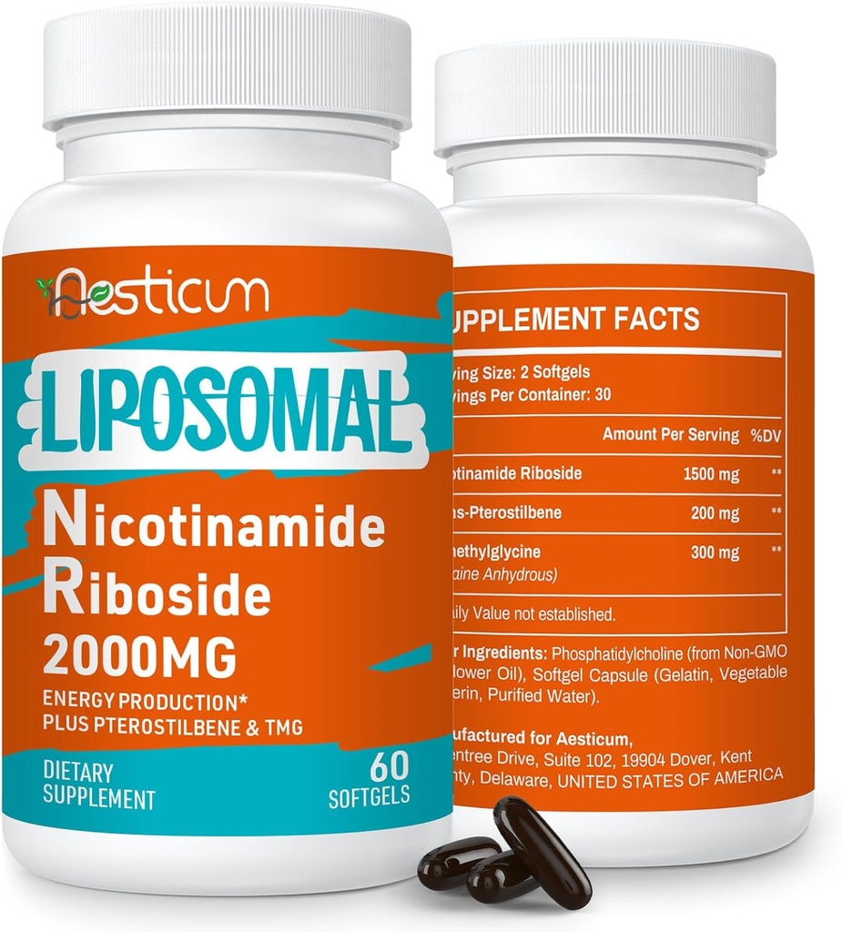 Supplément liposomique nicotinamide riboside 2000 MG avec TMG & Pterostilbène, supplément de stimulation NAD+ à haute biodisponibilité, supérieur au Niacinamide pour l'énergie, l'immunité, la résistance à l'âge, 120 Softgels