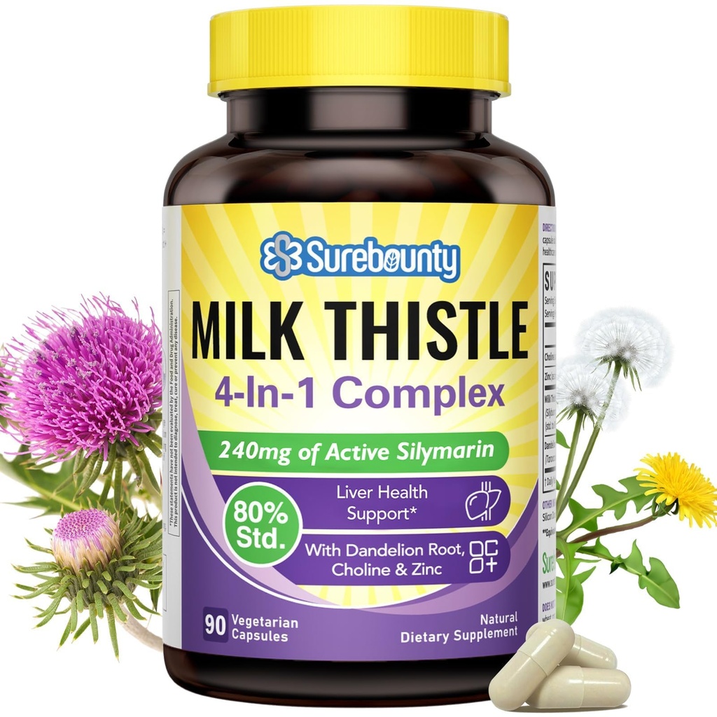 Complexe de chardon de lait 4-en-1 pour hommes et femmes, extrait de chardon de lait avec 240mg de silymarin actif, 80% de std, avec Dandelion, Choline, Zinc, Détox du foie et réparation, non-OGM, une fois par jour, 90 capsules de légumes