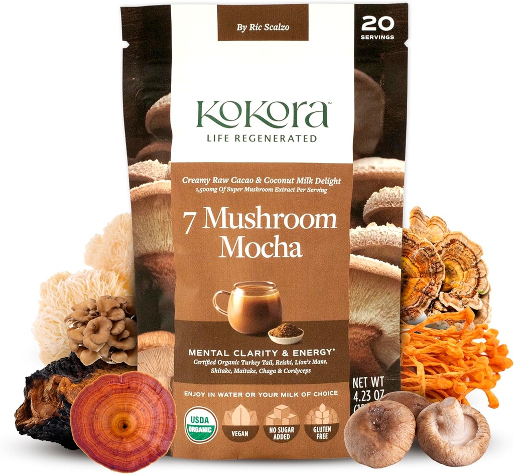 7 Mocha de champignons - Poudre de champignons Adaptogènes organiques - y compris la dinde Tail & Lions Mane - Energise et favorise la clarté mentale* - Vegan, sans gluten, sans sucre ajouté - 20 portions - 120g