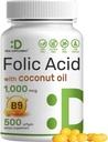 SUPPLÉMENT DE DÉAL Acide folique 1000 mcg (1 mg), 500 softgels d'huile de coco Biodisponible Vitamines prénatales (Vitamine B9) – 1,667 mcg DFE – Facile à avaler, non OGM et sans gluten