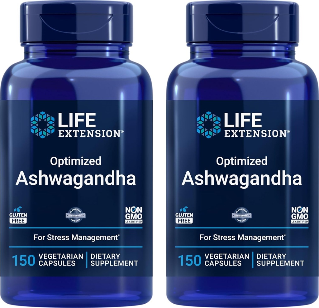 Extension de la durée de vie optimisé Ashwagandha, 150 capsules veg (paquet de 2) - Capsules non OGM, sans gluten et végétariennes