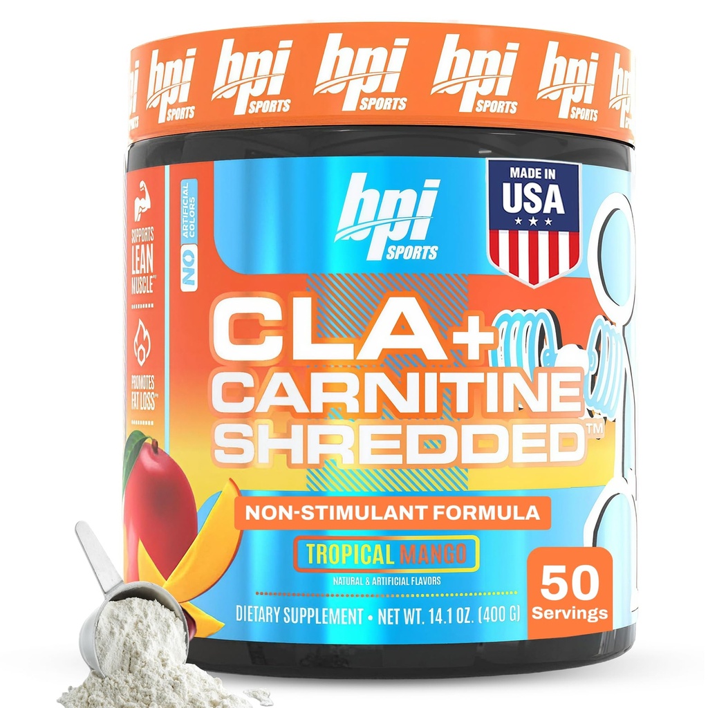 BPI Sports CLA + Carnitine Shredded - Convert Fat Cells Into Energy and Supports Lean Muscle, Boost Metabolism - Non-Stimulant L-Carnitine Supplement - Tropical Mango (14.1 oz. / 50 Servings)