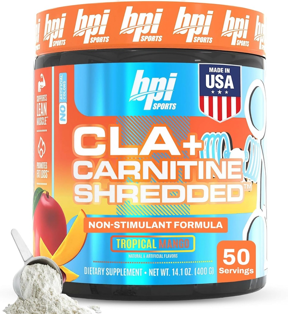 BPI Sports CLA + Carnitine Shredded - Convert Fat Cells Into Energy and Supports Lean Muscle, Boost Metabolism - Non-Stimulant L-Carnitine Supplement - Tropical Mango (14.1 oz. / 50 Servings)