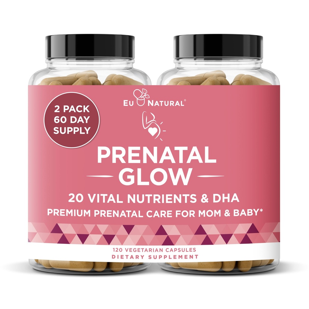 Glow Vitamines prénatales pour les femmes – 20-en-1 Nutriments vitaux pour une grossesse et un développement foetal sains – Acide folique et DHA végétalien pour la croissance de bébé et une grossesse confortable – 120 capsules nourissantes