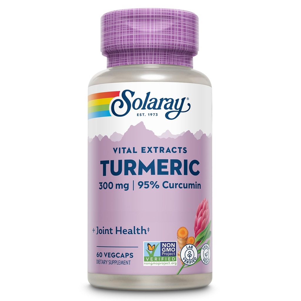 SOLARAY Supplément curcuma 300 mg - Extrait de racine curcuma avec 95% Curcumin - Supplément de soutien conjoint pour la santé et le confort - Non-OGM, végétalien, sans gluten, garantie de 60 jours, 60 portions