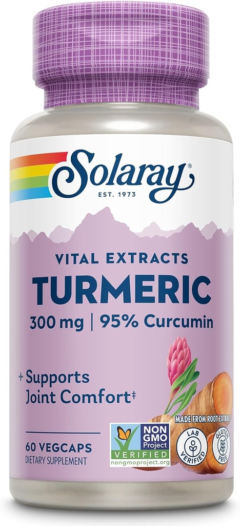 SOLARAY Supplément curcuma 300 mg - Extrait de racine curcuma avec 95% Curcumin - Supplément de soutien conjoint pour la santé et le confort - Non-OGM, végétalien, sans gluten, garantie de 60 jours, 60 portions