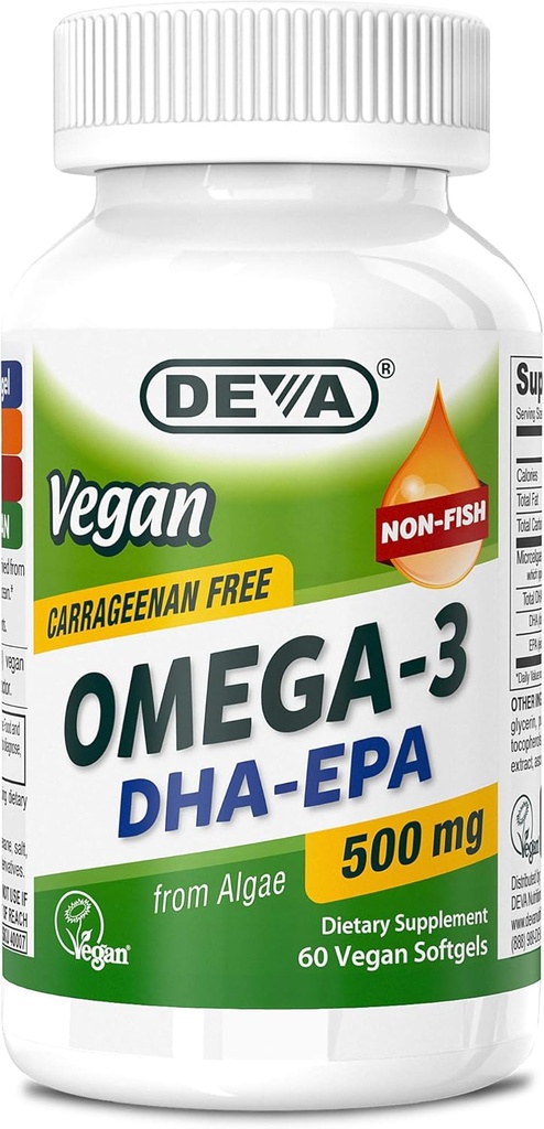 DEVA Vegan Omega-3 DHA-EPA 500MG – Pas de carrageenan, huile non-fish dérivée des algues, non-OGM, 60 softgels sans gélatine