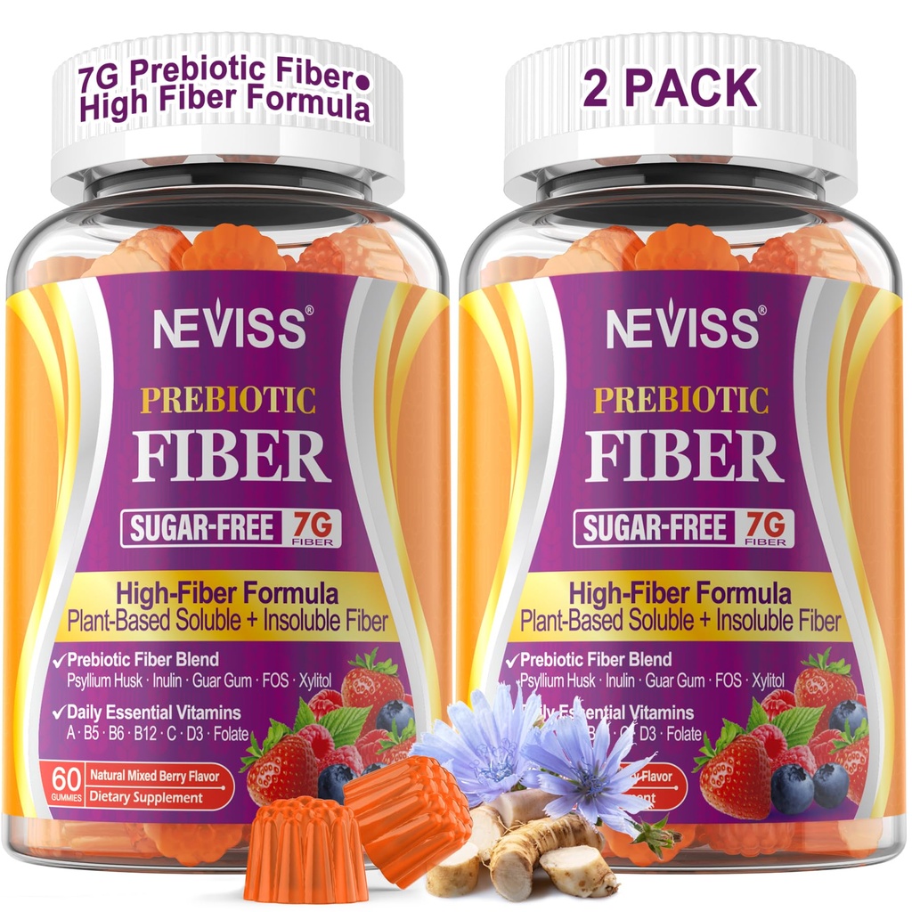 Gommies de fibre pour adultes avec Housse de Psyllium, 7G(Soluble + Insoluble) Fibre prébiotique quotidienne avec Inuline, FOS, Guar Gum, Multivitamines pour la santé quotidienne digestive, Soutien à la régularité, Sans sucre,Pack de 2