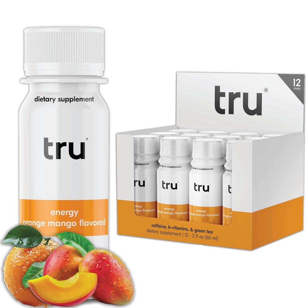 Tru Energy Shot, boisson d'énergie extra-forte avec caféine naturelle, thé vert, vitamines B3, B6 et vitamine B12, sucre zéro et calories, kéto, végétalien, sans gluten, mangue orange, 2 bouteilles FL OZ, 12 pack