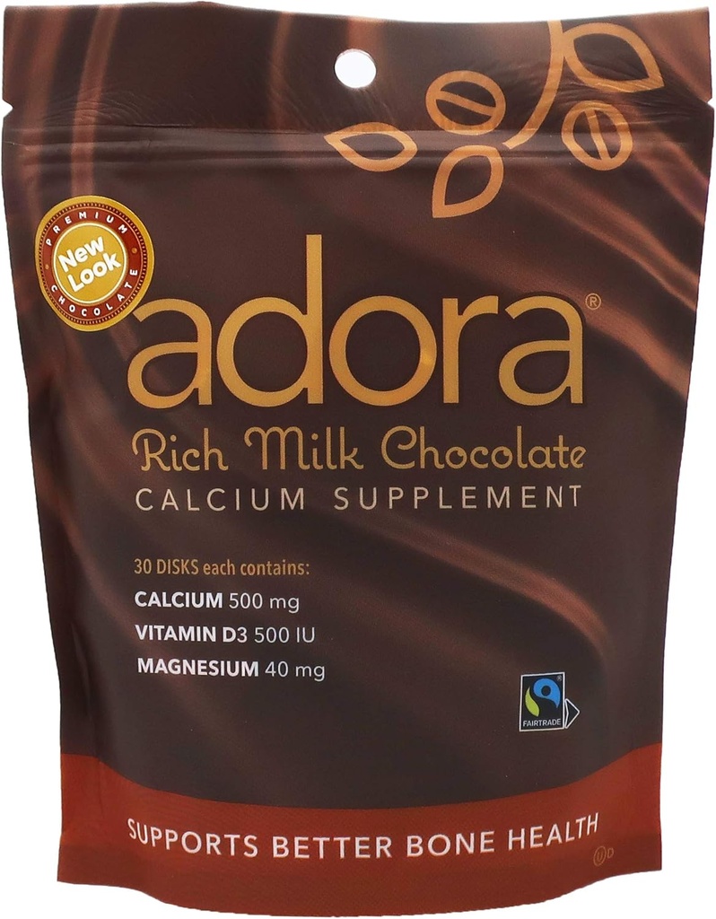 Supplément Calcium Adora, Chocolat Lait Fairtrade, Paquet unique - 30 ct