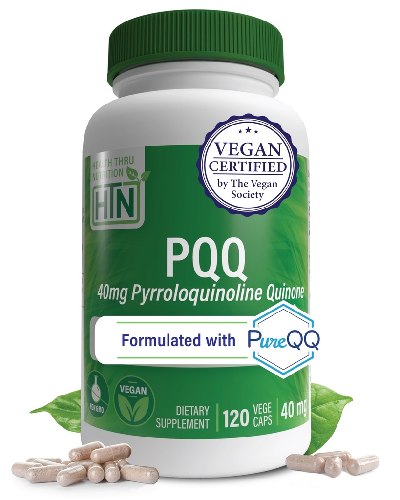 Health Thru Nutrition PQQ 40mg 120 Servings Pyrroloquinoline Quinone as PureQQ | Promotes Mitochondrial Biogenesis | Certified Vegan | Non-GMO Gluten Soy Free Capsules| Clean Label PQQ Supplement
