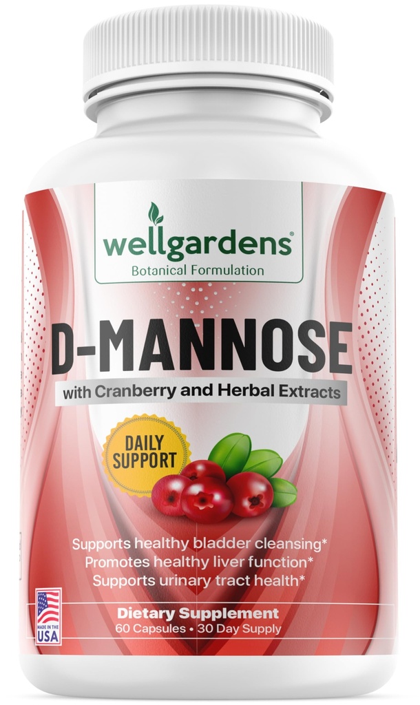 100 % de D-mannose pur avec extrait de canneberge - aide à nettoyer les impuretés, la santé urinaire naturelle, le foie et les capsules de soutien Bladder, non-OGM