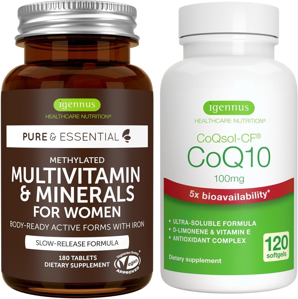 Multivitamin & Minerals for Women + High Absorption CoQ10 100mg 120 Softgels Energy Bundle, Sustained Release Advanced Multivitamin + CoQ10 with Vitamin E & D-Limonene, by Igennus