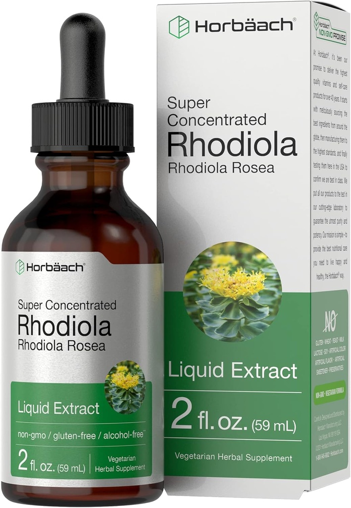 Horbäach Supplément Rhodiola Rosea Teinture de 2 fl oz , Extrait sans alcool , Super concentré liquide de racine , Végétarien, Non-OGM , Sans gluten