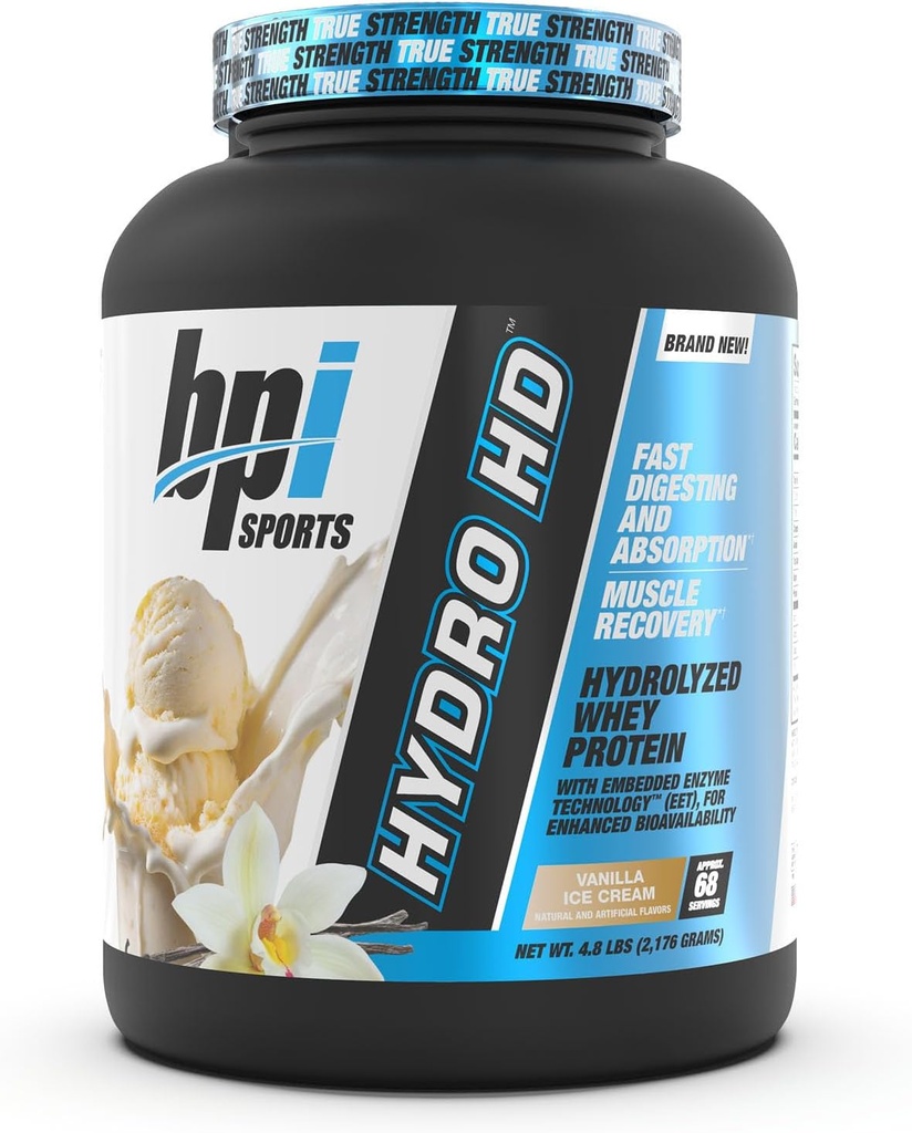 BPI Sports Hydro HD - 100% hydrolysé poudre de protéines de lactosérum - croissance musculaire, récupération, 25g de protéines hydrolysées, faible teneur en glucides, faible teneur en sucre, absorption rapide (68 portions, crème glacée de vanille)