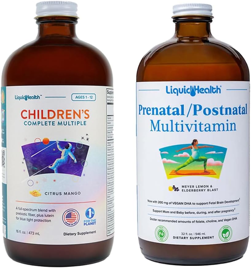 LIQUIDHEALTH Multivitamine complète pour enfants et multivitamine liquide prénatale/postnatale pour avant, pendant et après la grossesse - Soutien immunitaire, santé et bien-être pour les mères et les enfants - Fabriqué aux États-Unis